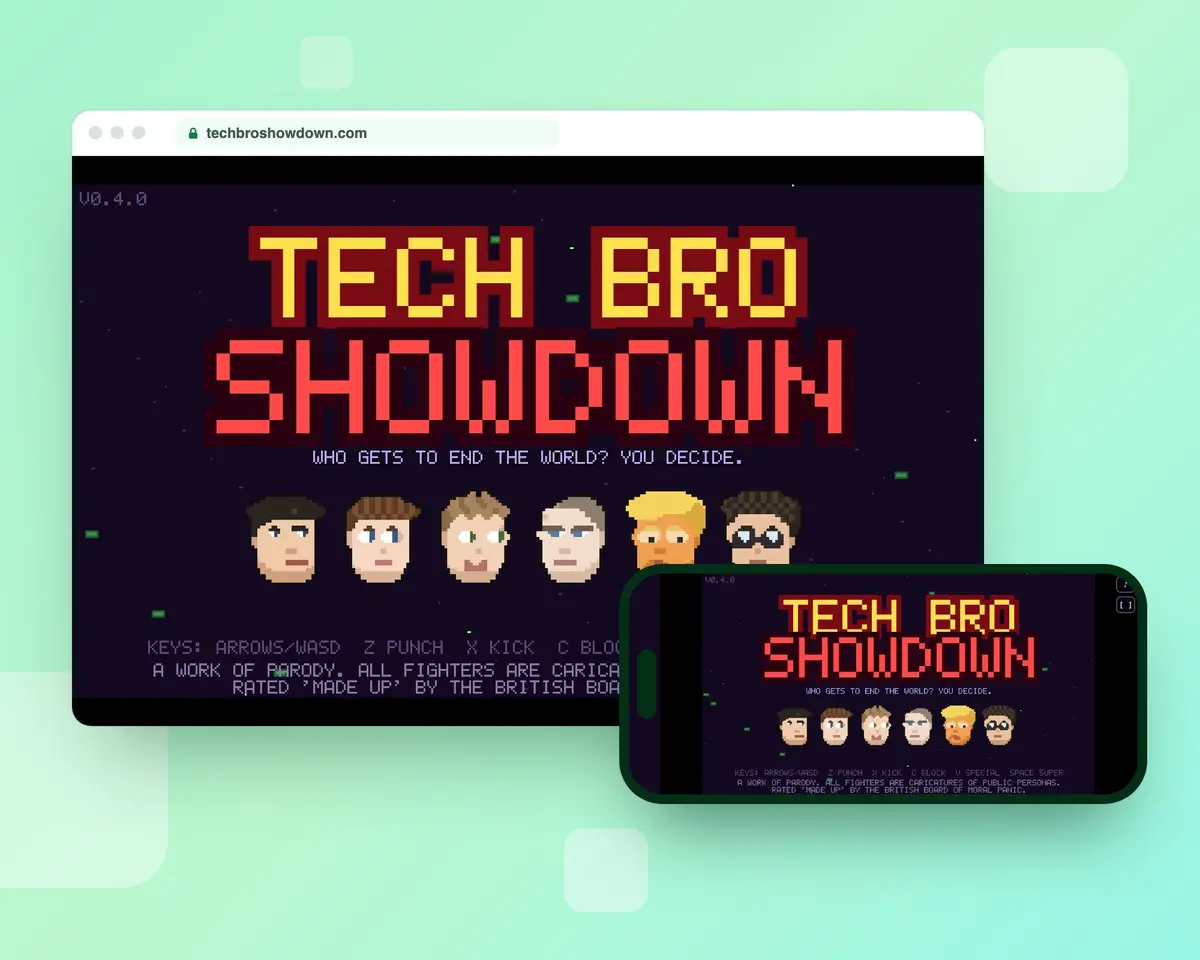 The Tech Bro Showdown title screen on a desktop browser and on a phone held sideways