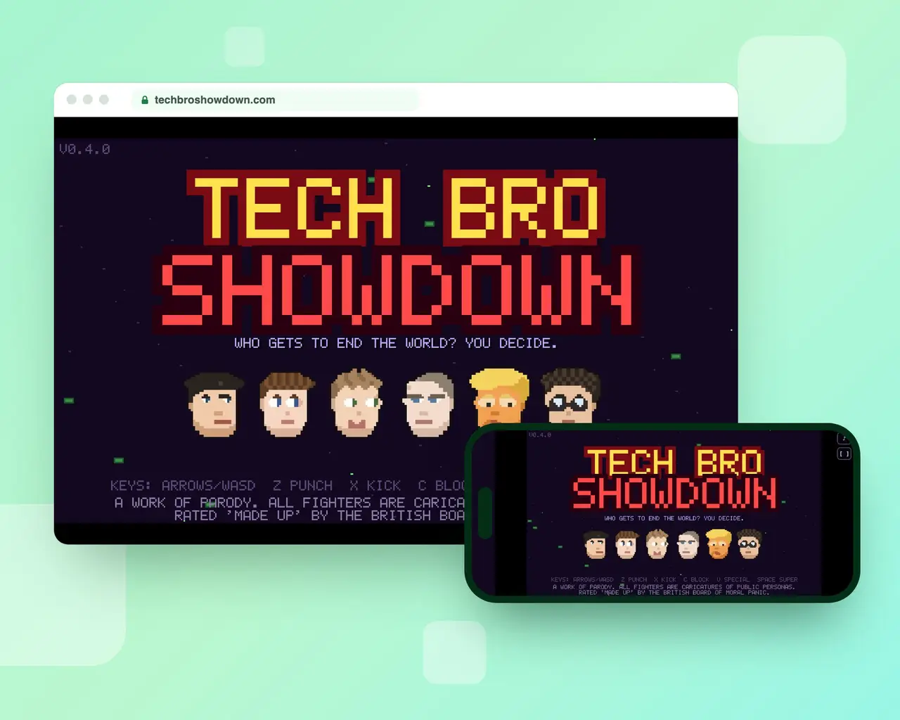 The Tech Bro Showdown title screen on a desktop browser and on a phone held sideways