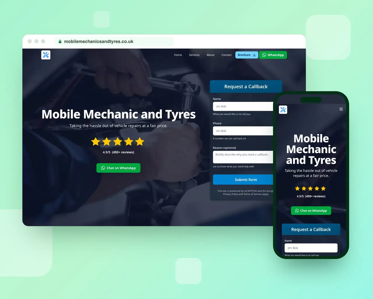The Mobile Mechanic and Tyres homepage on a desktop browser and a phone