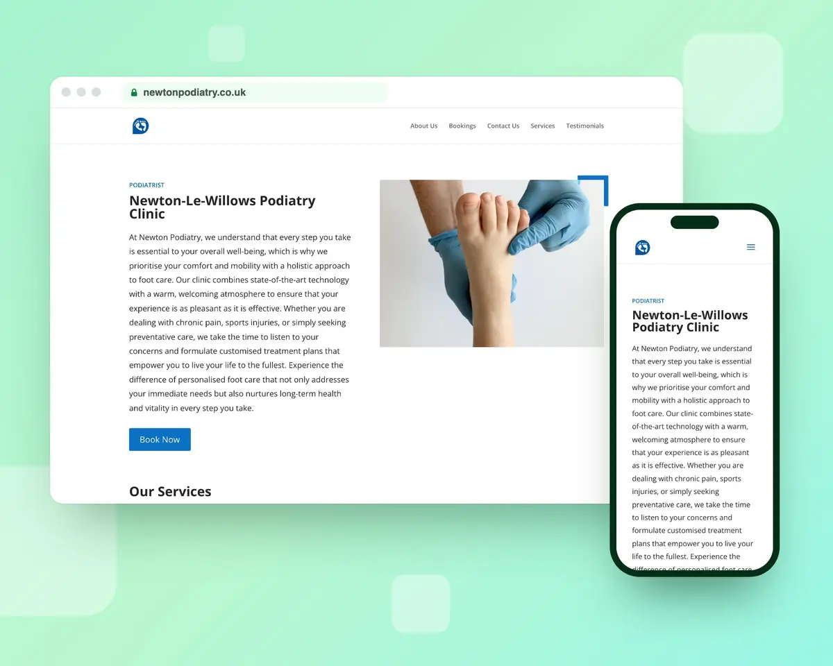 The Newton Podiatry homepage on a desktop browser and a phone