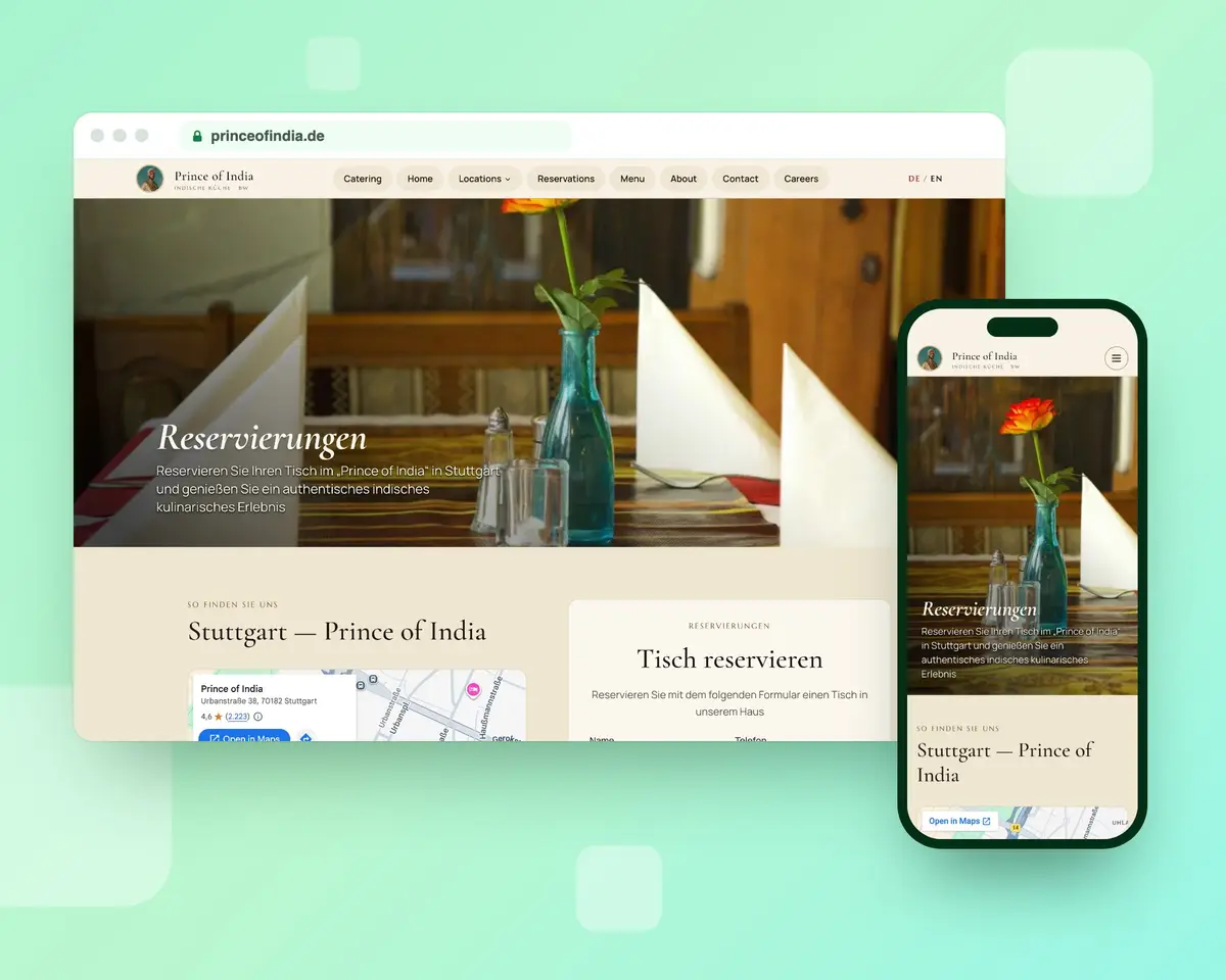The Prince of India Stuttgart reservations page on a desktop browser and a phone