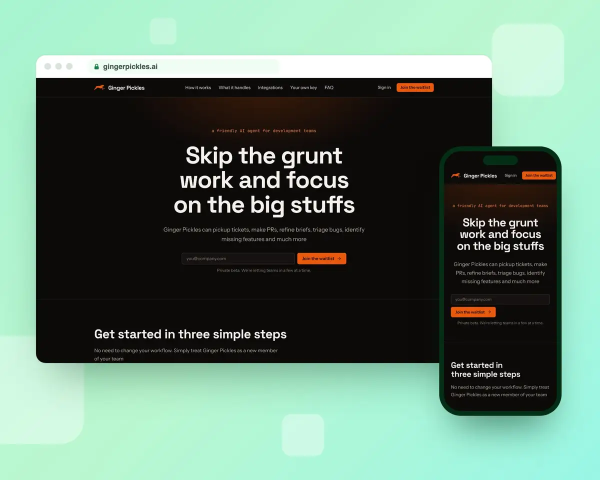 The Ginger Pickles homepage on a desktop browser and a phone