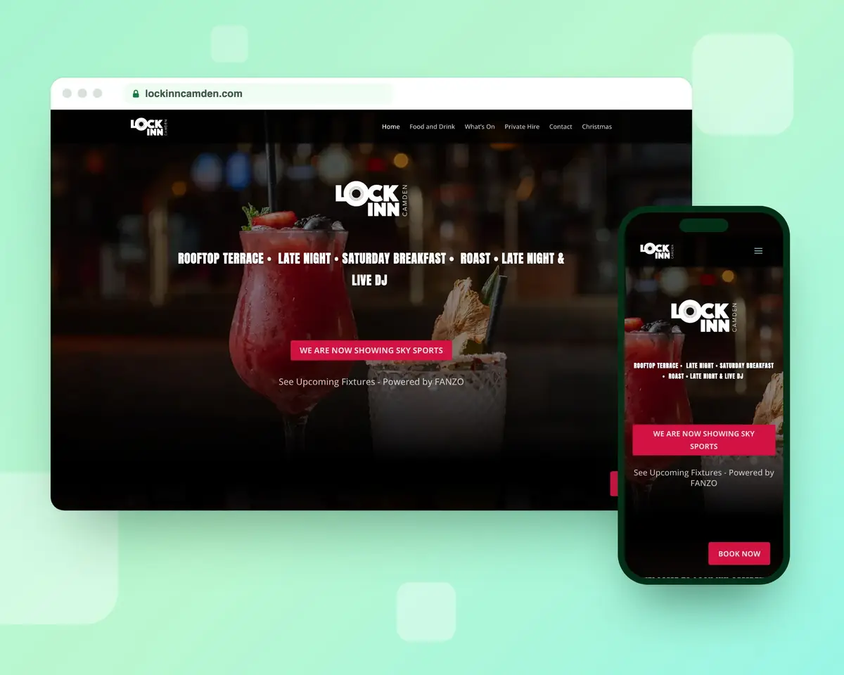 The Lock Inn Camden homepage on a desktop browser and a phone