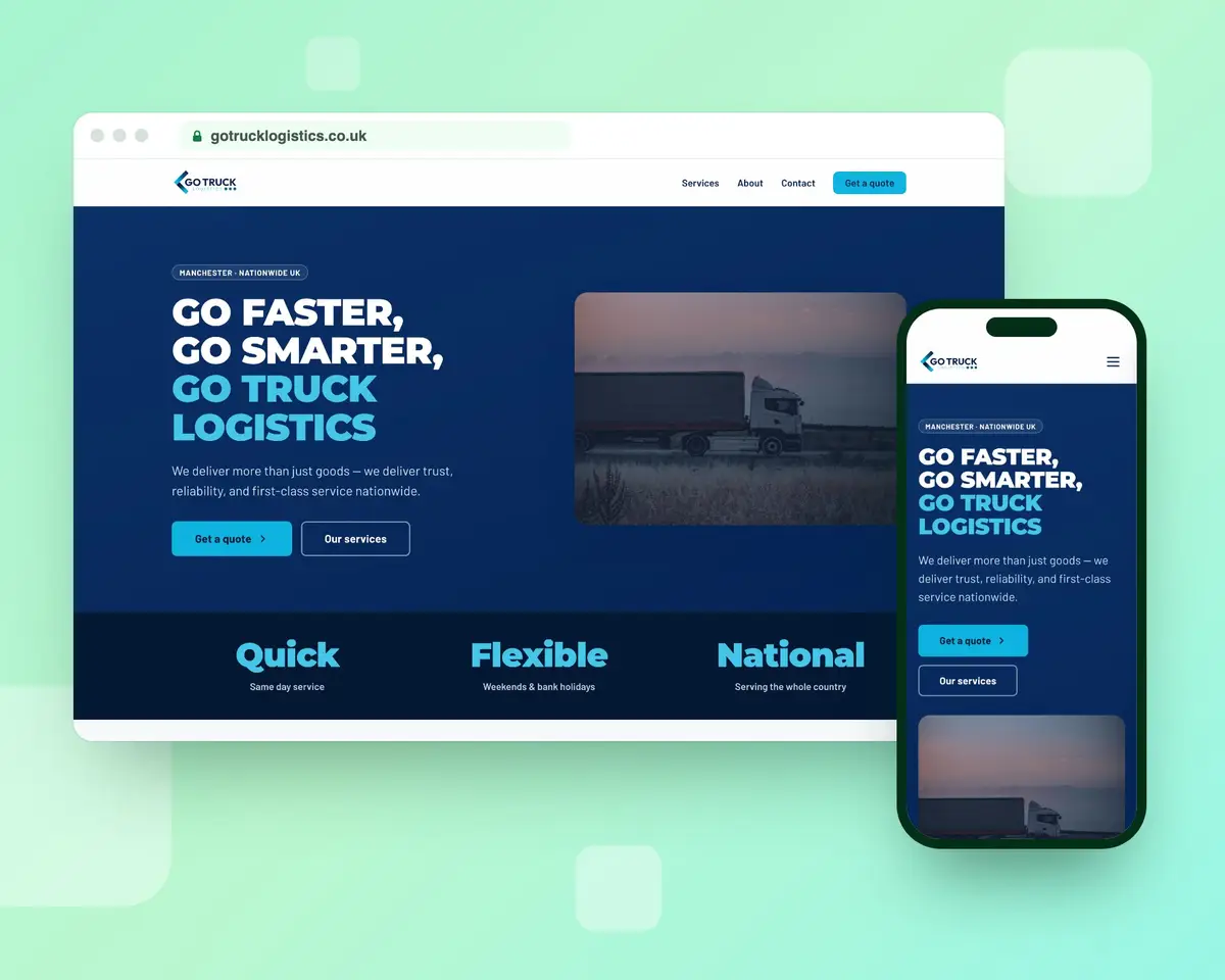 The Go Truck Logistics homepage on a desktop browser and a phone