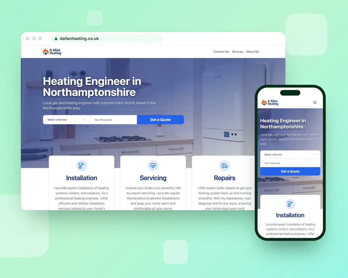 The Dallan Heating homepage on a desktop browser and a phone