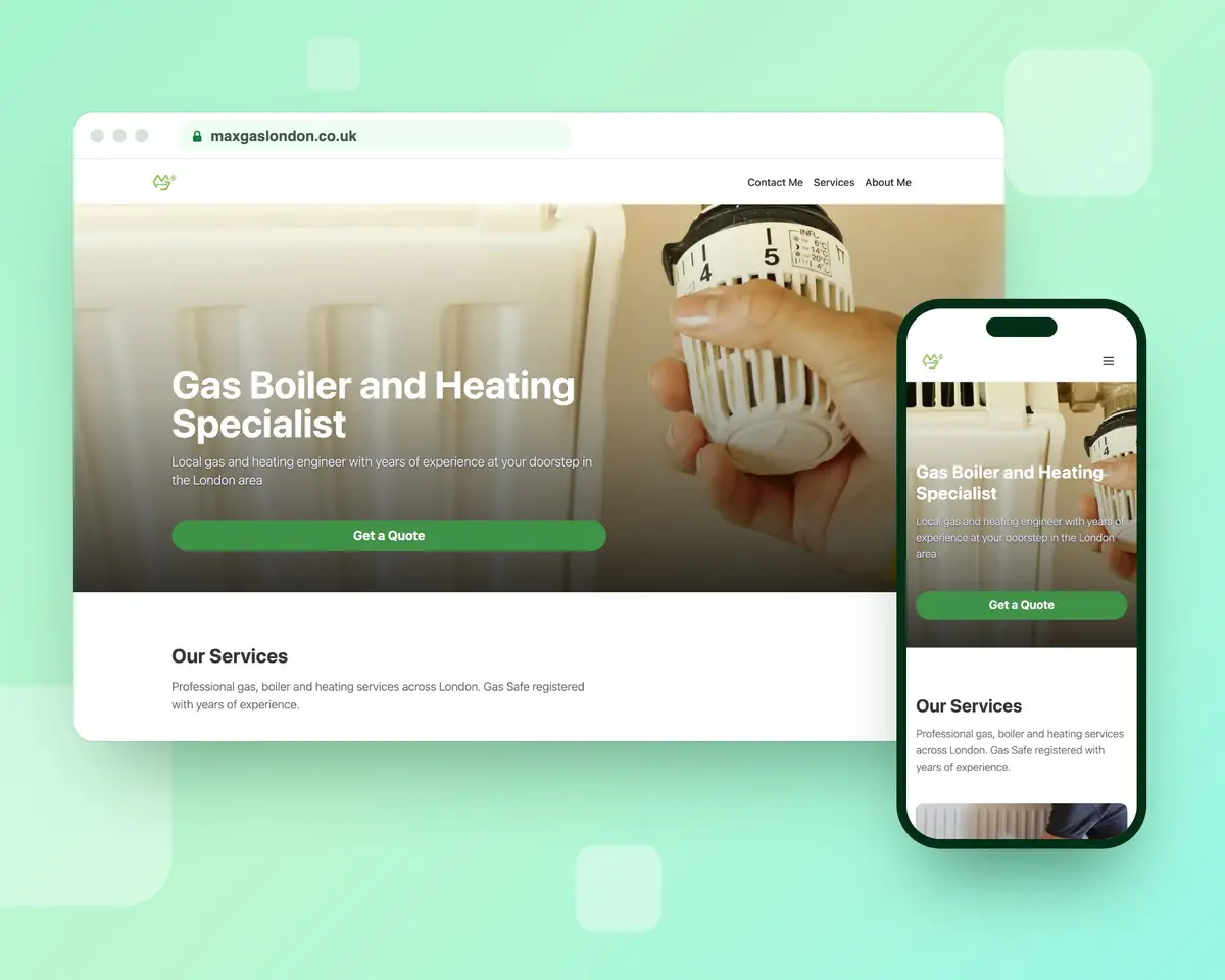 The Max Gas London homepage on a desktop browser and a phone