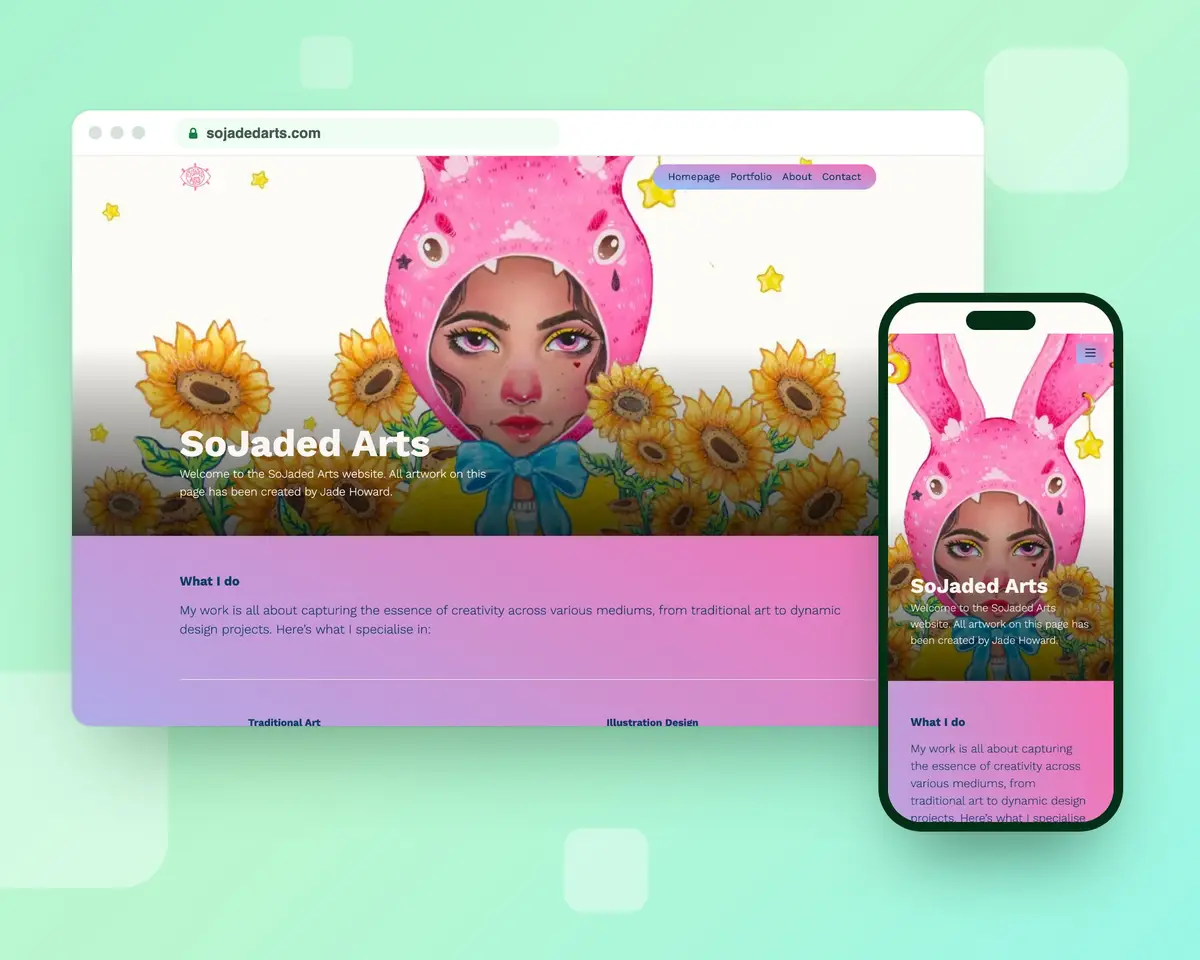The So Jaded Arts homepage on a desktop browser and a phone