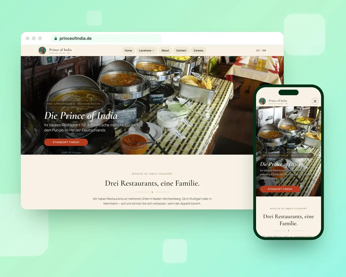 The Prince of India homepage on a desktop browser and a phone