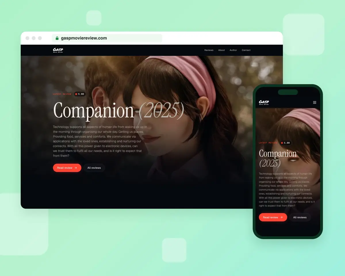 The GASP Movie Review homepage on a desktop browser and a phone
