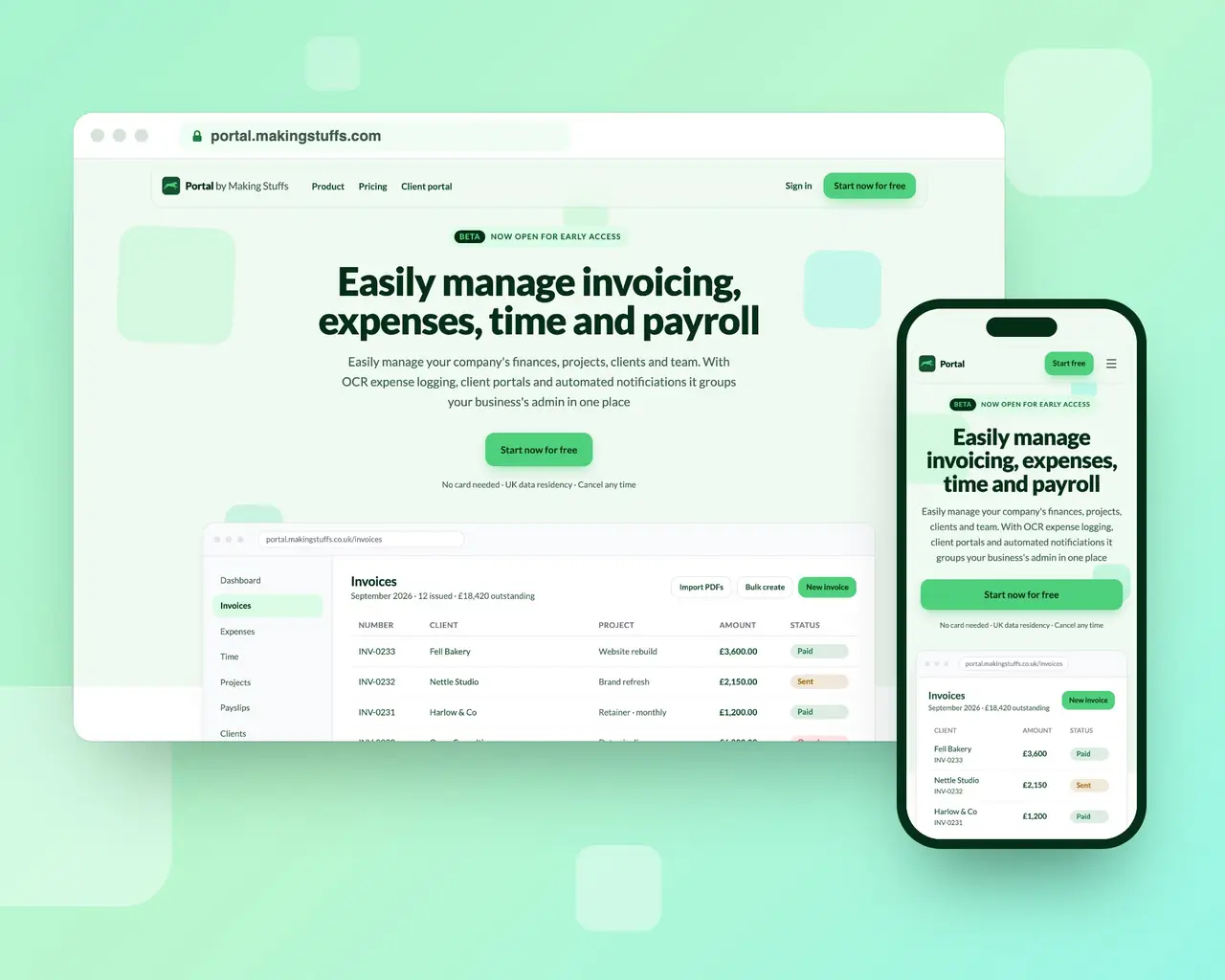 The Portal homepage on a desktop browser and a phone, showing a list of invoices
