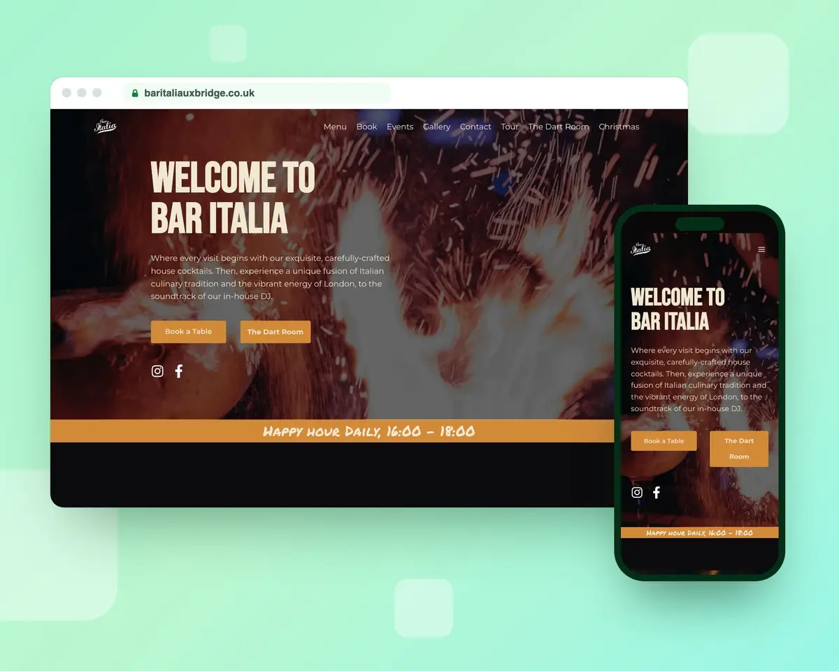 The Bar Italia homepage on a desktop browser and a phone