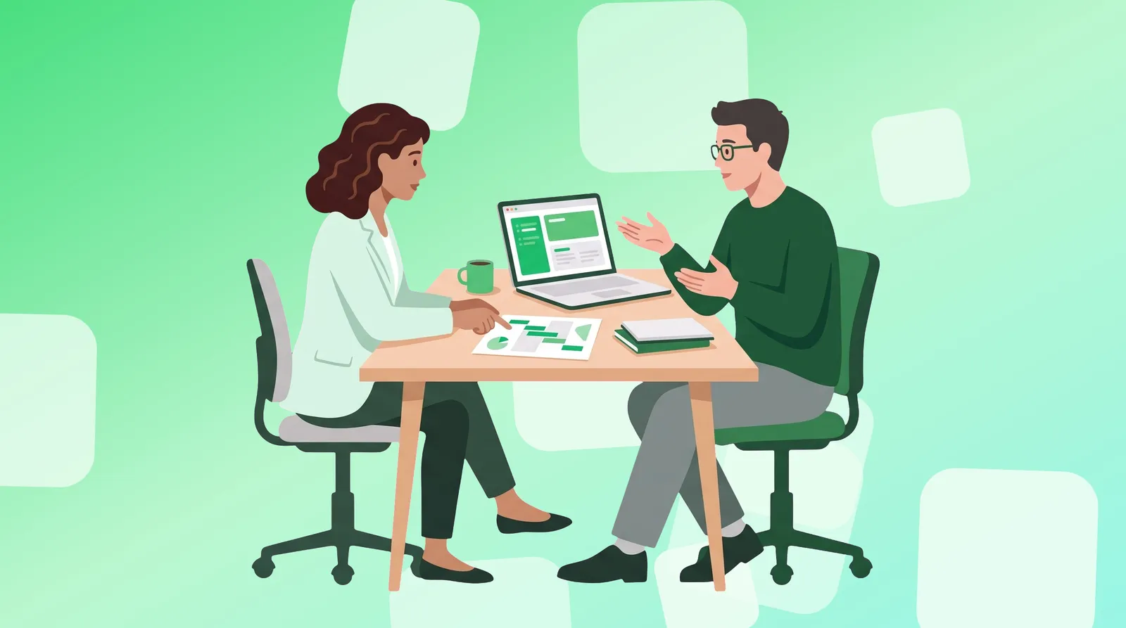 A client points to a page on a desk while asking a developer questions during an in-person meeting.